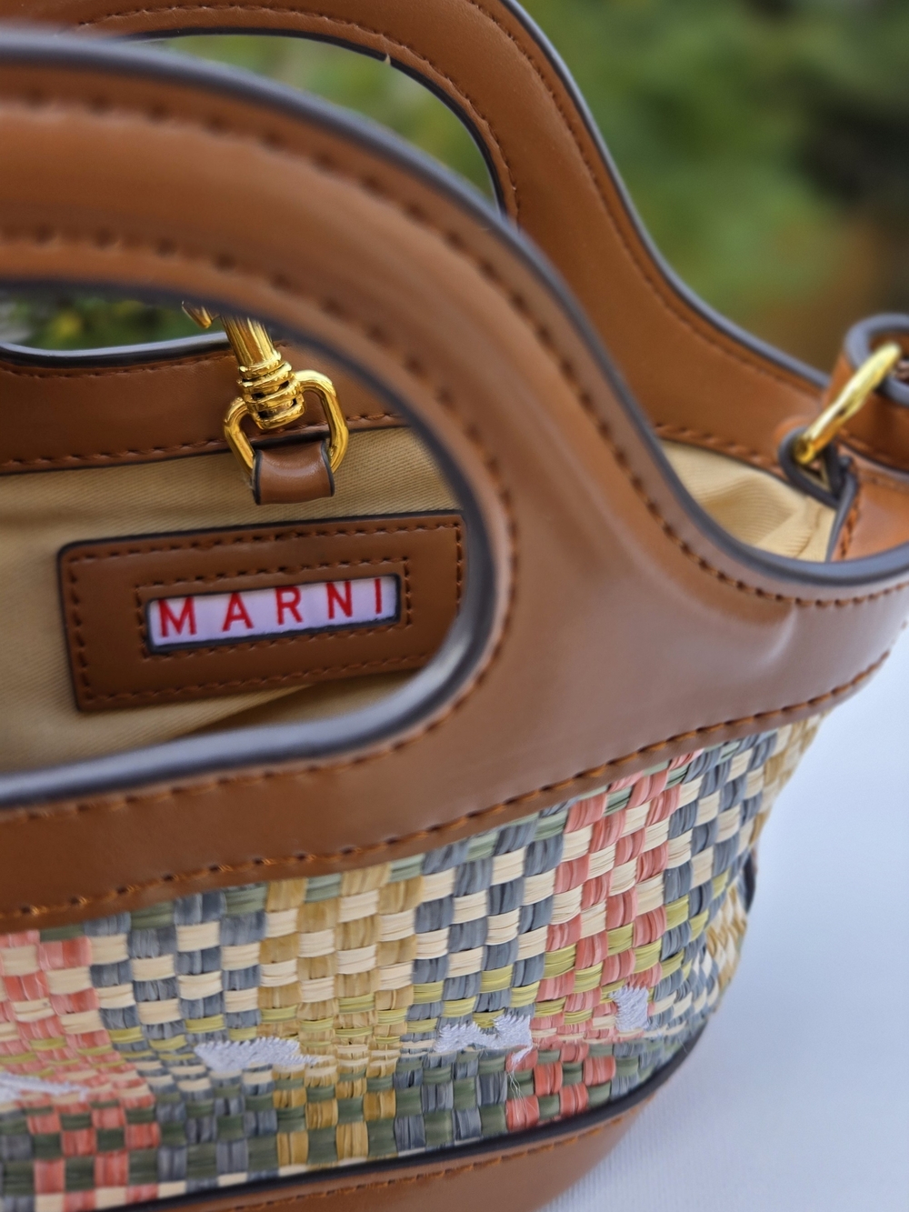 Marni Brown Leather-Trim Woven Multicolor Tote